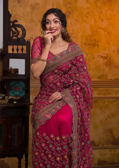 Kanjivaram Sequin Work Saree - Rust Orange